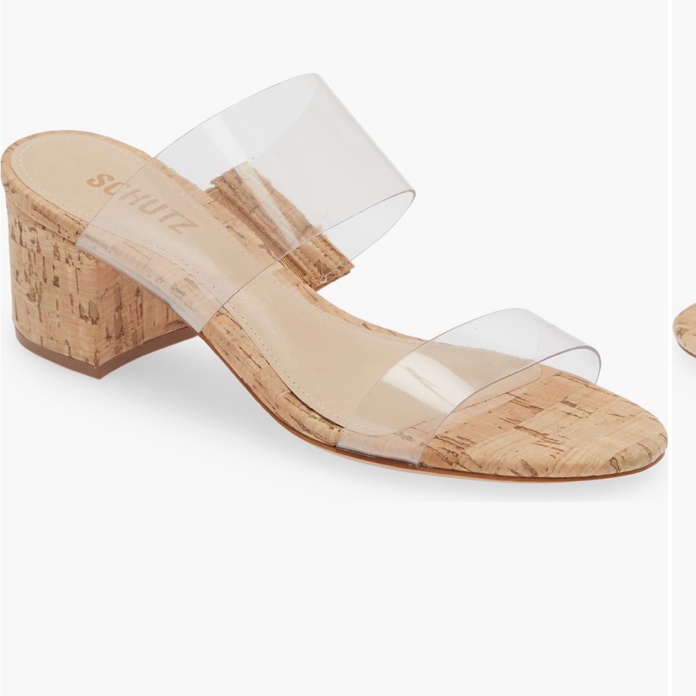 Schultz Victorie Slide Sandals Translucent Strap Natural Cork Block Heel 9.5